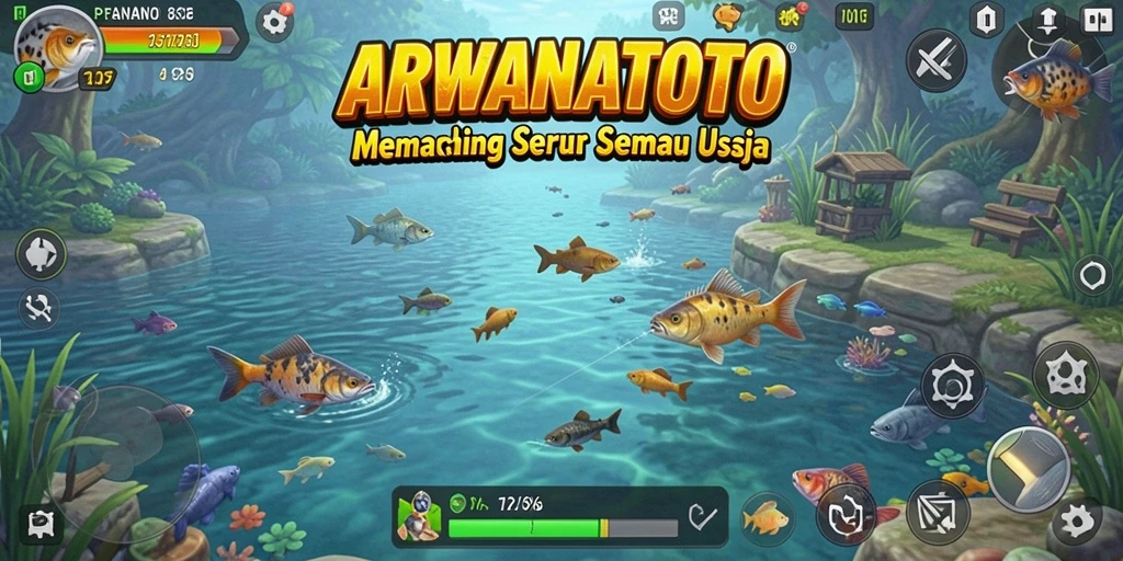 Tampilan gameplay ARWANATOTO dengan berbagai ikan yang menunggu untuk ditangkap.
