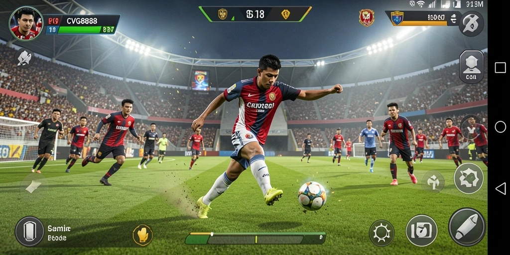Screenshot utama CVG8888 menampilkan aksi pertandingan sepak bola yang intens.
