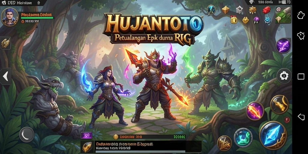 Screenshot gameplay HUJANTOTO menampilkan pertempuran epik dan karakter berwarna.