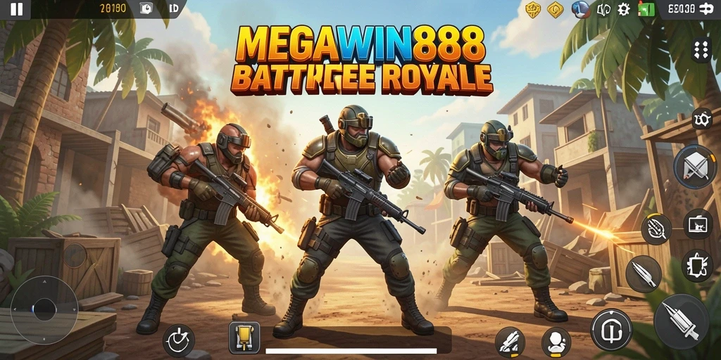 Tampilan seru gameplay <strong>MEGAWIN888</strong> menampilkan aksi pertarungan Battle Royale yang intens.